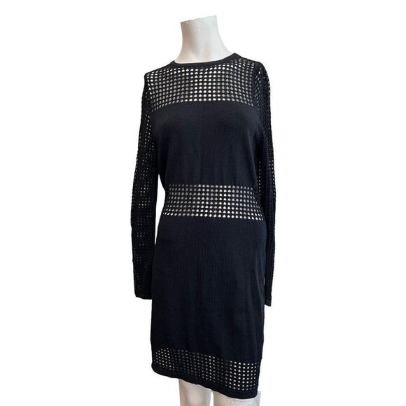 Missguided 14 Black Crochet Bodycon Dress Waffle Waist Long Sleeve Open Knit - Picture 1 of 5